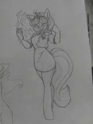 Size: 1224x1632 | Tagged: safe, artist:gaydawn, derpibooru import, starlight glimmer, anthro, unicorn, clothes, glowing horn, horn, magic, monochrome, skirt, skirt suit, solo, suit, traditional art