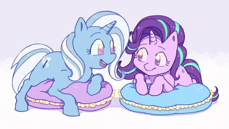 Size: 2048x1152 | Tagged: safe, artist:chapaghettii, derpibooru import, starlight glimmer, trixie, pony, unicorn, cushion, cute, duo, female, looking at each other, lying down, mare, no pupils, open mouth, prone, smiling