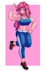 Size: 800x1250 | Tagged: suggestive, artist:tzc, derpibooru import, pinkie pie, equestria girls, armpits, belly button, breasts, busty pinkie pie, cleavage, clothes, curly hair, curvy, female, flexing, leggings, muscles, muscular female, pinkie pump, shoes, smiling, sneakers, solo, sports bra, workout outfit