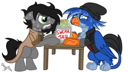 Size: 1920x1080 | Tagged: safe, artist:showtimeandcoal, derpibooru import, oc, oc:ben, oc:nightshade, unofficial characters only, earth pony, gryphon, pony, beanie, burb, clothes, coat, commission, digital art, duo, frustrated, frustration, hat, holding breath, jacket, jar, nervous, nervous sweat, ponysona, scar, simple background, swear jar, sweat, table, transparent background