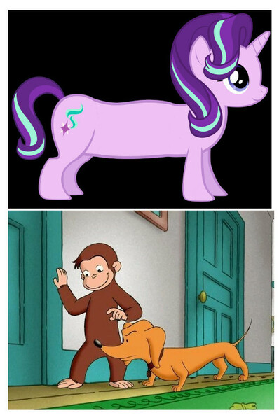 Size: 524x790 | Tagged: safe, artist:thetazen, derpibooru import, edit, edited screencap, screencap, starlight glimmer, dog, monkey, pony, unicorn, curious george, dachshund, long glimmer, long pony, meme, simple background, solo