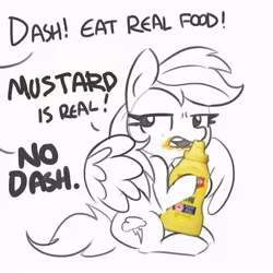 Size: 600x600 | Tagged: safe, artist:tjpones, derpibooru import, rainbow dash, pegasus, pony, dialogue, food, mustard, offscreen character, rainbow dumb, rainbow mustard, sauce, simple background, that pony sure does love mustard, white background