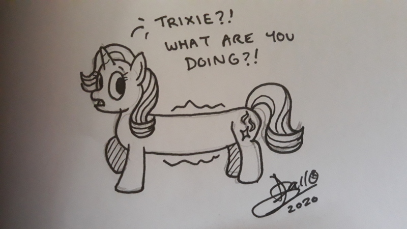 Size: 4128x2322 | Tagged: safe, artist:tidmouthmilk12, derpibooru import, starlight glimmer, pony, unicorn, implied magic, implied trixie, ink drawing, long glimmer, long pony, meme, simple background, solo, traditional art