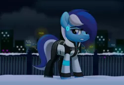 Size: 800x552 | Tagged: safe, artist:jhayarr23, derpibooru import, oc, oc:brushie brusha, unofficial characters only, android, earth pony, pony, robot, robot pony, city, cityscape, clothes, cosplay, costume, detroit: become human, female, jacket, looking at you, mare, night, rk900, snow, solo