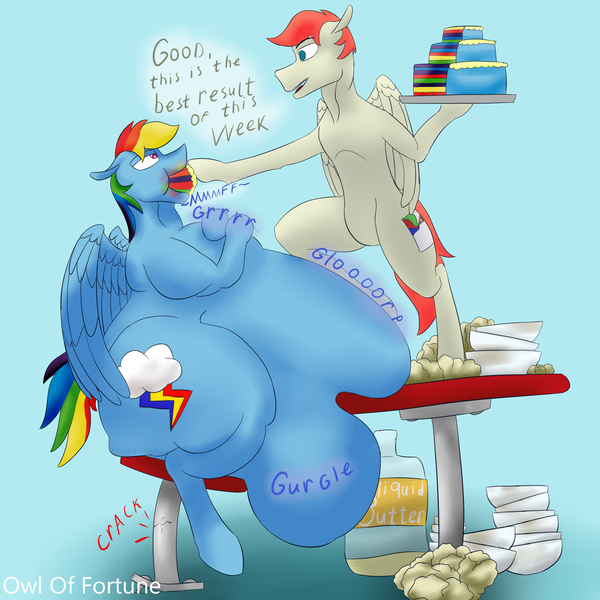 Size: 1920x1920 | Tagged: questionable, artist:owloffortune, derpibooru import, rainbow dash, oc, oc:paper cream, pegasus, pony, barstool, belly, big belly, bottle, bowl, cake, chubby cheeks, dialogue, fat, fat fetish, feedee, feeder, female, fetish, food, force feeding, gut rest, huge belly, impossibly large belly, large belly, large butt, male, mare, morbidly obese, multicolored hair, obese, pegasus oc, rainblob dash, rainbow hair, sitting, stomach noise, stuffed, stuffing, table, wings