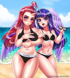 Size: 900x993 | Tagged: adorasexy, artist:racoonsan, bikini, blacked, blushing, boob squish, branded hem, breasts, busty moondancer, cleavage, clothes, covering, cute, dancerbetes, derpibooru import, duo, edit, embarrassed, female, glasses, human, humanized, looking at you, moondancer, open mouth, plump, sexy, suggestive, swimsuit, twiabetes, twilight sparkle
