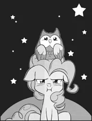 Size: 612x805 | Tagged: safe, derpibooru import, seven seas, pinkie pie, bird, earth pony, owl, pony, my little pony: the manga, my little pony: the manga volume 2, spoiler:manga, spoiler:manga2, black and white, grayscale, monochrome