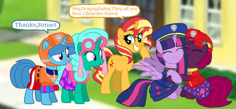 Size: 2340x1080 | Tagged: safe, artist:徐詩珮, derpibooru import, fizzlepop berrytwist, glitter drops, spring rain, sunset shimmer, tempest shadow, twilight sparkle, twilight sparkle (alicorn), alicorn, unicorn, series:sprglitemplight diary, series:sprglitemplight life jacket days, series:springshadowdrops diary, series:springshadowdrops life jacket days, alternate universe, bisexual, broken horn, chase (paw patrol), clothes, cute, female, glitterbetes, glitterlight, glittershadow, glittershimmer, horn, lesbian, lifeguard, lifeguard spring rain, marshall (paw patrol), paw patrol, polyamory, shipping, skye (paw patrol), sprglitemplight, sprglitemplightshimmer, springbetes, springdrops, springlight, springshadow, springshadowdrops, springshimmer, sunsetsparkle, tempestbetes, tempestlight, tempestlightshimmer, tempestshimmer, zuma (paw patrol)