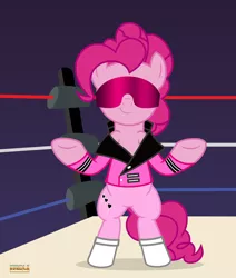 Size: 1900x2244 | Tagged: safe, artist:kuren247, derpibooru import, pinkie pie, earth pony, bipedal, bret hart, clothes, crossover, jacket, smiling, smirk, solo, sports, wrestling, wrestling ring, wwe