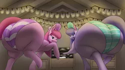 Size: 2560x1440 | Tagged: suggestive, artist:tracerpainter, derpibooru import, earth pony, pony, shetland pony, bedroom, bedroom eyes, bramble (duck tales), briar (duck tales), butt, clothes, dim light, dresser, duck tales, fat ass, hat, huge butt, imminent sex, large butt, nightstand, panties, pointing, presenting, rear view, string lights, striped panties, the ass was fat, the ass was too fat, underwear