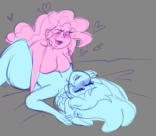 Size: 500x437 | Tagged: affection, artist:cubbybatdoodles, blushing, breasts, busty derpy hooves, busty pinkie pie, derpibooru import, derpy hooves, derpypie, ditzy doo, female, gray background, human, humanized, lesbian, love, pinkie pie, questionable, shipping, simple background