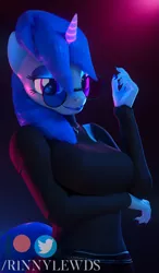 Size: 1123x1920 | Tagged: safe, artist:rinny, derpibooru import, oc, oc:lovebrew, unofficial characters only, anthro, unicorn, 3d, blender, clothes, dickgirl, eyeshadow, female, glasses, glowing horn, horn, lipstick, long nails, looking at you, makeup, nail polish, smiling, solo, sweater, trans girl, transgender, turtleneck, unicorn oc