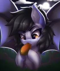 Size: 1600x1900 | Tagged: safe, artist:falafeljake, derpibooru import, oc, oc:mitzy, bat pony, pony, bat pony oc, bat wings, ear fluff, eating, fangs, food, mango, solo, wings