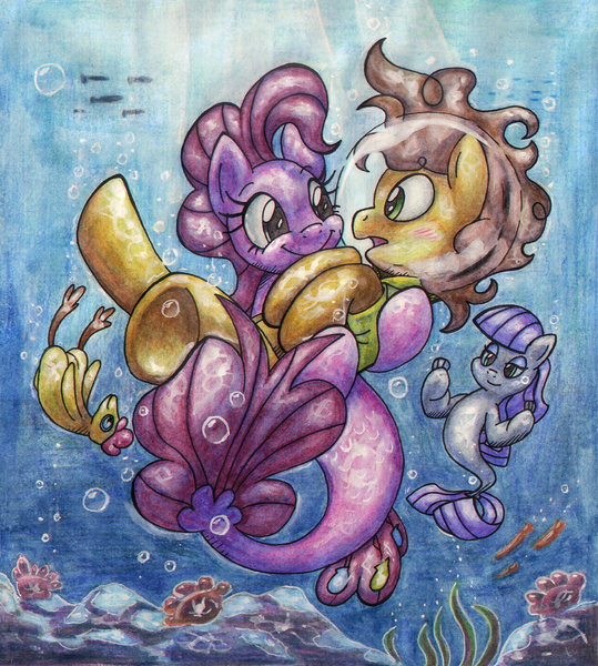 Size: 1400x1559 | Tagged: safe, artist:kannatc, derpibooru import, boneless, cheese sandwich, maud pie, pinkie pie, earth pony, fish, pony, seapony (g4), bridal carry, bubble, carrying, cheesepie, cute, diapinkes, female, femdom, holding, holding a pony, male, malesub, mare, rubber chicken, seaponified, seapony pinkie pie, shipping, species swap, stallion, straight, submissive, traditional art, underwater