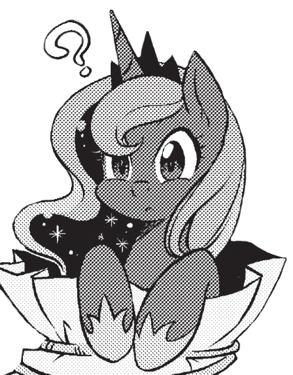 Size: 421x539 | Tagged: safe, derpibooru import, edit, editor:childofthenight, seven seas, princess luna, alicorn, pony, my little pony: the manga, my little pony: the manga volume 2, spoiler:manga, spoiler:manga2, confused, cute, female, grayscale, mare, monochrome, question mark, simple background, solo, transparent background