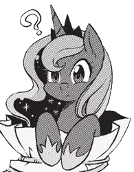 Size: 421x539 | Tagged: safe, derpibooru import, edit, editor:childofthenight, seven seas, princess luna, alicorn, pony, my little pony: the manga, my little pony: the manga volume 2, spoiler:manga, spoiler:manga2, confused, cute, female, grayscale, mare, monochrome, question mark, simple background, solo, transparent background