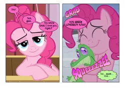 Size: 868x621 | Tagged: artist:dziadek1990, bait and switch, conversation, cute, derpibooru import, dialogue, diapinkes, fourth wall, gummy, hape, hug, looking at you, lucky bastard, onomatopoeia, pinkie pie, safe, slice of life, sound effects, squeezing, text