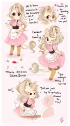 Size: 800x1428 | Tagged: safe, artist:ipun, derpibooru import, oc, oc:vanilla, unofficial characters only, anthro, unguligrade anthro, unicorn, anthro oc, apron, arm hooves, chibi, clothes, creme brulee (food), deviantart watermark, dress, female, friendship cafe, heart, maid, mare, obtrusive watermark, solo, watermark