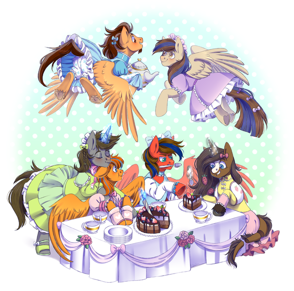 Size: 3379x3341 | Tagged: safe, artist:djkaskan, derpibooru import, oc, oc:bluetec, oc:cold front, oc:disty, oc:mythic scar, oc:scarlet havoc, oc:strawberry cocoa, earth pony, monster pony, pegasus, pony, unicorn, bloomers, bow, clothes, commission, crossdressing, cute, dress, earth pony oc, food, horn, knife, levitation, lolita fashion, magic, maid, maid headdress, male, monster mare, oc x oc, pegasus oc, rule 63, segmented tail, shipping, spoon, stallion, strawberry, tea, tea party, teapot, telekinesis, unicorn oc, wings