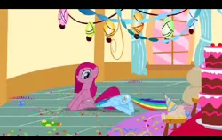 Size: 496x311 | Tagged: angry, butt bump, butt smash, cake, confetti, derpibooru import, faceful of ass, facesitting, food, party of one, pinkamena diane pie, pinkie pie, pinkie pie's house, pinkie's party, rainbow dash, safe, screencap, sitting on, sitting on pony