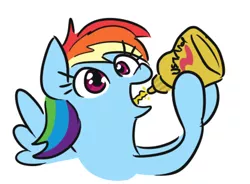 Size: 418x308 | Tagged: safe, artist:jargon scott, derpibooru import, rainbow dash, pegasus, pony, condiment, eating, female, food, mare, mustard, open mouth, rainbow mustard, sauce, simple background, solo, that pony sure does love mustard, white background