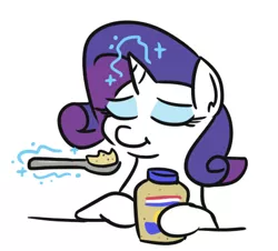 Size: 442x399 | Tagged: safe, artist:jargon scott, derpibooru import, rarity, pony, unicorn, and then there's rarity, condiment, dijon mustard, eating, eyes closed, female, food, grey poupon, levitation, magic, mare, mustard, sauce, simple background, solo, spoon, telekinesis, white background