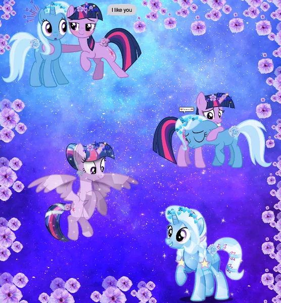 Size: 640x691 | Tagged: artist needed, safe, derpibooru import, trixie, twilight sparkle, twilight sparkle (alicorn), alicorn, crystal pony, collage, female, flower, lesbian, shipping, twixie