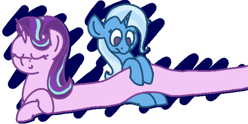 Size: 2100x1050 | Tagged: safe, artist:skookz, derpibooru import, starlight glimmer, trixie, pony, unicorn, abstract background, confused, content, cute, eyes closed, female, happy, long glimmer, long pony, lying down, mare, meme, simple background, sitting, transparent background