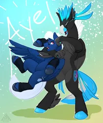 Size: 2971x3533 | Tagged: safe, artist:elicitie, derpibooru import, oc, oc:turntable, oc:wind, unofficial characters only, classical hippogriff, hippogriff, pegasus, pony, annoyed, arm around neck, beak, belly, bipedal, claws, colored, commission, cute, cutie mark, eyes closed, feather, feathered fetlocks, flat colors, folded wings, friendship, funny, glasses, happy, having fun, hooves, hugging a pony, leg warmers, looking back, male, noogie, simple background, size difference, spread wings, surprised, tail, text, unshorn fetlocks, wings