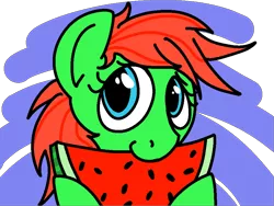 Size: 1920x1440 | Tagged: safe, artist:skookz, derpibooru import, oc, oc:crimson sweet, unofficial characters only, earth pony, pony, /mlp/, abstract background, cute, eating, female, food, fruit, gift art, herbivore, looking at you, mare, nom, seeds, simple background, solo, transparent background, watermelon