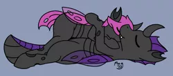 Size: 2789x1232 | Tagged: artist:magmatic, changeling, changeling oc, cuddling, derpibooru import, gay, male, oc, oc:butterfly, oc:thrum, pink changeling, purple changeling, safe, unofficial characters only