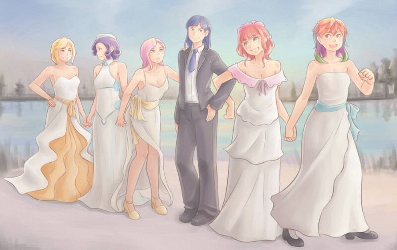 Size: 1425x900 | Tagged: alternate universe, applejack, artist:ninjaham, clothes, derpibooru import, dress, female, flutterarmor, fluttershy, harem, holding hands, human, humanized, infidelity, male, marriage, pinkie pie, polyamory, polygamy, rainbow dash, rariarmor, rarity, safe, series:my little shining, shining armor, shining armor gets all the mares, shiningdash, shiningjack, shiningpie, shipping, straight, suit, wedding, wedding dress