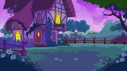 Size: 1136x640 | Tagged: background, building, bush, derpibooru import, fence, flower, gameloft, hill, house, no pony, outdoors, resource, safe, tree, twilight (astronomy)