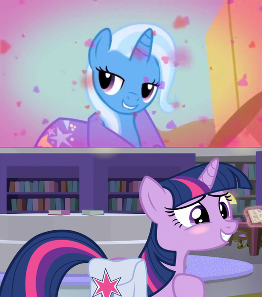 Size: 1280x1448 | Tagged: safe, derpibooru import, edit, edited screencap, screencap, trixie, twilight sparkle, unicorn, boast busters, the point of no return, bag, blushing, book, bookshelf, female, lesbian, library, saddle bag, shipping, shipping domino, twixie, unicorn twilight