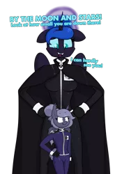 Size: 1697x2421 | Tagged: safe, artist:moonatik, derpibooru import, nightmare moon, oc, oc:selenite, alicorn, anthro, bat pony, bat pony oc, bat wings, cape, clothes, dialogue, epaulettes, female, gloves, mare, military uniform, missing accessory, sharp teeth, simple background, size difference, smol, tall, teeth, transparent background, wings