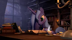 Size: 1920x1080 | Tagged: safe, artist:skookz, derpibooru import, princess luna, alicorn, pony, 3d, book, bookshelf, candle, castle, crown, drink, female, food, happy, jewelry, mare, night, reading, regalia, s1 luna, sandwich, scroll, sitting, solo, source filmmaker, tea, window