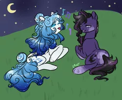 Size: 1100x900 | Tagged: safe, artist:lavvythejackalope, derpibooru import, oc, oc:nightengale, oc:siren song, unofficial characters only, earth pony, pony, crescent moon, duo, earth pony oc, ethereal mane, eyes closed, female, hoof polish, male, mare, moon, music notes, night, open mouth, prone, singing, smiling, socks (coat marking), stallion, starry mane, stars, underhoof