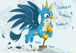 Size: 1542x1080 | Tagged: safe, artist:sintakhra, derpibooru import, gallus, twilight sparkle, gryphon, tumblr:studentsix, broom, chest fluff, cute, dust, feather, flying, gallabetes, male, singing, solo, sweeping, sweepsweepsweep