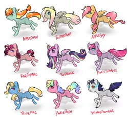 Size: 2300x2100 | Tagged: safe, artist:lavvythejackalope, derpibooru import, oc, unofficial characters only, alicorn, earth pony, pegasus, pony, unicorn, alicorn oc, base used, colored hooves, crown, earth pony oc, eye clipping through hair, horn, jewelry, magical gay spawn, magical lesbian spawn, multicolored hair, offspring, parent:applejack, parent:big macintosh, parent:fluttershy, parent:king sombra, parent:pinkie pie, parent:princess cadance, parent:rainbow dash, parent:rarity, parent:shining armor, parent:trixie, parent:twilight sparkle, parents:appledash, parents:appleshy, parents:derpyshy, parents:pinkiedash, parents:rarimac, parents:shiningsombra, parents:trixmac, parents:twidance, parents:twinkie, pegasus oc, rainbow hair, regalia, running, simple background, smiling, sombra eyes, straw in mouth, unicorn oc, white background, wings