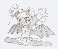 Size: 898x751 | Tagged: safe, artist:ravenpuff, deleted from derpibooru, derpibooru import, oc, oc:silver step, unofficial characters only, bat pony, pony, bat pony oc, bat wings, bow, cheerleader, fangs, female, grayscale, grin, hair bow, mare, monochrome, pom pom, smiling, solo, splits, traditional art, wings