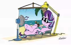 Size: 1024x651 | Tagged: safe, artist:bobthedalek, derpibooru import, starlight glimmer, pony, unicorn, backdrop, bikini, clothes, coconut cup, deck chair, fan, female, lamp, mare, on back, relaxing, solo, sunglasses, swimsuit, vacation