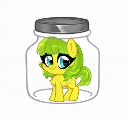 Size: 1800x1736 | Tagged: safe, alternate version, artist:techycutie, derpibooru import, oc, oc:lemon drop, unofficial characters only, earth pony, pony, commission, earth pony oc, female, jar, lewd container meme, mare, simple background, smiling, solo, white background, ych result
