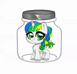 Size: 1800x1736 | Tagged: safe, alternate version, artist:techycutie, derpibooru import, oc, oc:pixel shine, unofficial characters only, pony, unicorn, braid, commission, female, horn, jar, lewd container meme, male, simple background, smiling, solo, stallion, unicorn oc, unshorn fetlocks, white background, ych result