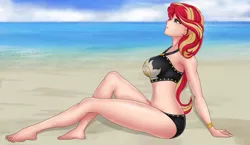 Size: 1975x1146 | Tagged: safe, artist:anonix123, derpibooru import, part of a set, sunset shimmer, human, equestria girls, barefoot, beach, beach babe, big breasts, bikini, breasts, clothes, feet, female, human coloration, legs, ocean, sand, sexy, solo, stupid sexy sunset shimmer, summer sunset, swimsuit, thighs