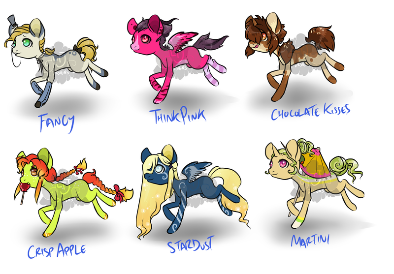 Size: 2300x1600 | Tagged: safe, artist:lavvythejackalope, derpibooru import, oc, oc:chocolate kisses, oc:crisp apple, oc:fancy, oc:martini, oc:stardust, oc:think pink, unofficial characters only, earth pony, pegasus, pony, base used, braid, braided tail, candy, colored hooves, earth pony oc, food, hair over one eye, hat, hoof polish, licking, licking lips, lollipop, pegasus oc, simple background, smiling, text, tongue out, top hat, white background, wings