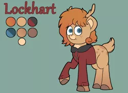 Size: 1363x998 | Tagged: safe, artist:retro_hearts, derpibooru import, oc, oc:lockhart, unofficial characters only, deer, deer pony, original species, pony, blue eyes, clothes, cute, deer oc, freckles, hoodie, male, outline, reference sheet, simple background, smiling, solo