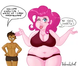 Size: 1024x863 | Tagged: suggestive, artist:professordoctorc, derpibooru import, pinkie pie, oc, oc:copper plume, equestria girls, big breasts, bra, breasts, busty pinkie pie, canon x oc, chubbie pie, chubby, chubby chaser, cleavage, clothes, commission, commissioner:imperfectxiii, copperpie, dialogue, fat, female, image, male, obese, one eye closed, panties, partial nudity, pinkie thighs, png, ponk, pudgy pie, shipping, shrug, simple background, straight, thick, thighs, thunder thighs, tongue out, topless, underwear, white background, wink, winking at you