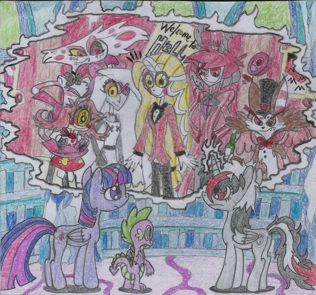 Size: 1771x1659 | Tagged: alastor, alicorn, angel dust, artist:nephilim rider, charlie (hazbin hotel), crossover, demon, derpibooru import, dragon, happy, hazbin hotel, husk, niffty, oc, oc:heaven lost, safe, smiling, spike, traditional art, twilight sparkle, twilight sparkle (alicorn), vaggie, winged spike