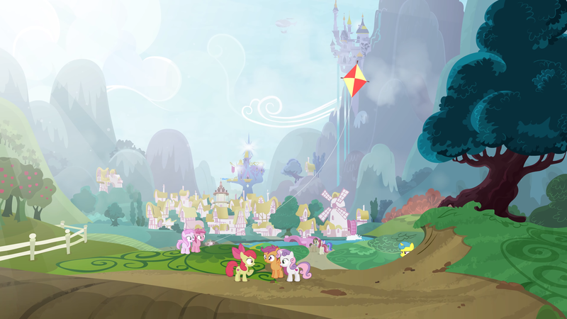 Size: 3840x2160 | Tagged: safe, artist:brutalweather studio, derpibooru import, apple bloom, doctor whooves, lemon hearts, piña colada, roseluck, ruby pinch, scootaloo, sea swirl, seafoam, sweetie belle, time turner, earth pony, pegasus, pony, unicorn, ponyville's incident, airship, apple, apple tree, canterlot, cutie mark crusaders, female, filly, foal, food, kite, male, mare, pinapinch, ponyville, stallion, tree, twilight's castle, windmill