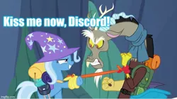 Size: 739x416 | Tagged: caption, derpibooru import, discord, edit, edited screencap, female, image macro, male, meme, safe, screencap, shipping, straight, text, to where and back again, trixcord, trixie, trixie yells at everything